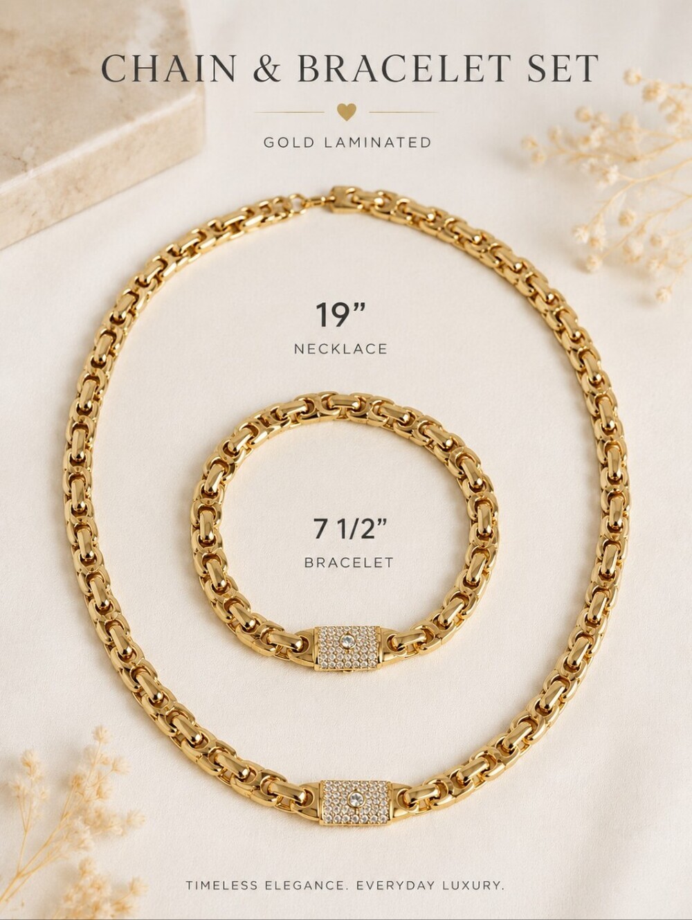 Gold Plated Chain & Bracelet Set 19” Necklace 7.5” Bracelet